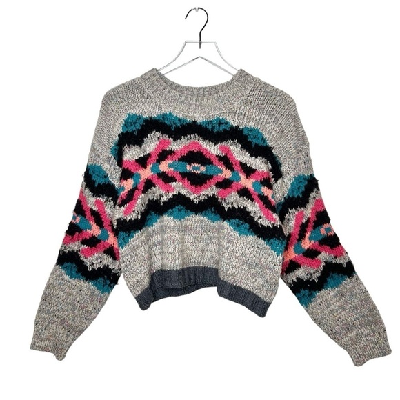 Free People Heart You Gray Wool Blend XOXO Women’s Chunky Cropped Sweater Sz S - Picture 1 of 11